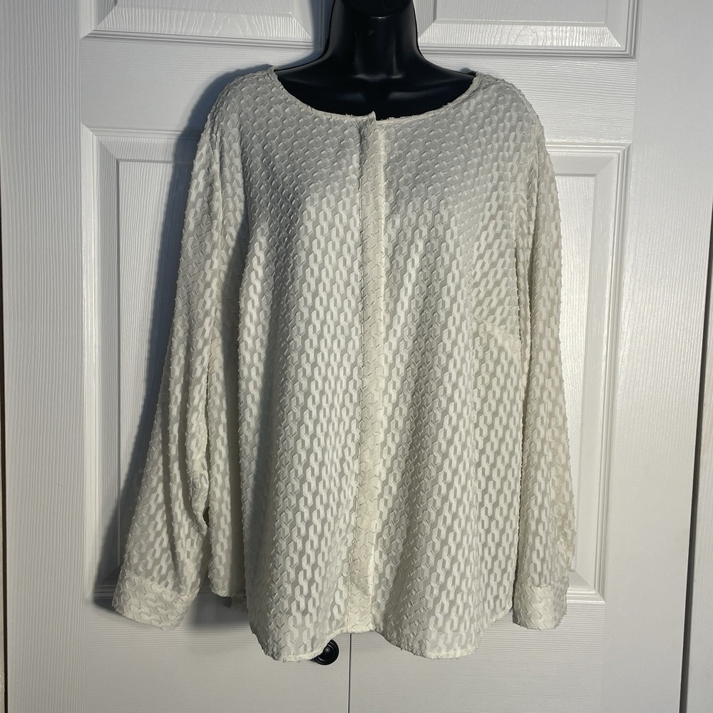 Talbots Textured Shirt Women 18W White Beige Flowy Long Sleeve Button Up Tunic